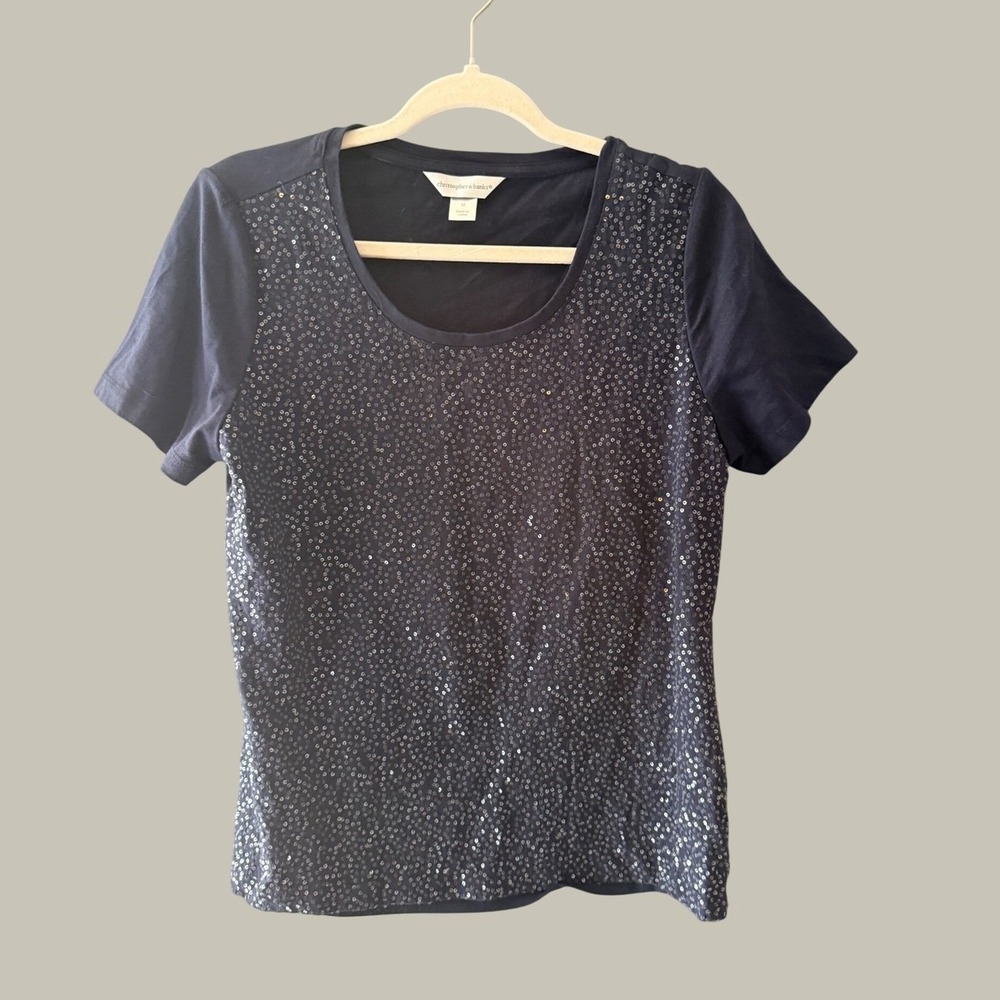 Christopher & Banks Navy Blue Sequin Front Short Sleeve Party Holiday Top M
